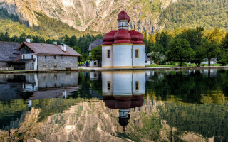 Small church lake mountains reflection - a small church free wallpaper