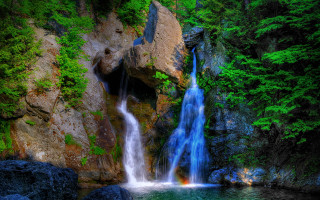 Waterfall rainbow forest rocks blue - alexander brook free wallpaper