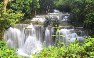 Waterfall forest people naturalism impressionist - the side of the waterfall free wallpaper
