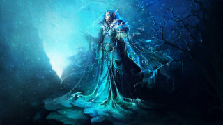Woman blue dress forest glowing - light behind her free wallpaper