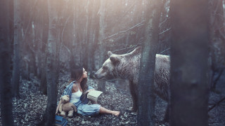 Woman bear forest illustration snow - artur tarnowski free wallpaper