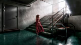 Woman red dress staircase door - a set of stairs free wallpaper