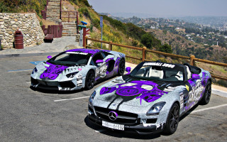 Sports cars mountain view graffiti - two sports car free wallpaper