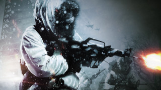 Snowy man gun citylights night - a building in the background free wallpaper