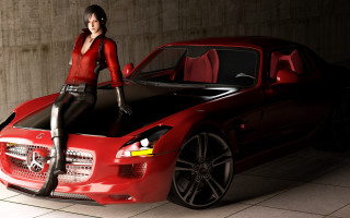 Woman redshirt blackpants stand redcar - a red shirt free wallpaper