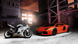 Motorcycles parking lot night building - photorealistic imagery free wallpaper for desktop