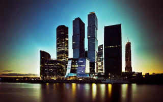 City skyline night water boat 3 - constructivism free wallpaper