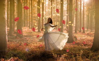 Woman white dress woods red - a sunbeam in the background free wallpaper