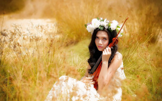Woman violin flower crown autumn 2 - a white dress holding free wallpaper