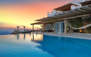 Sunset pool hammock panorama photorealism - sunset free wallpaper