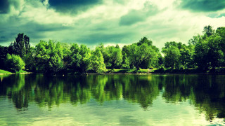 Lake trees clouds cloudy sky - art green free wallpaper for desktop