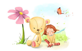 Little girl teddy bear flower - her side free wallpaper