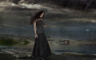 Woman dress umbrella rain storm - gloomy atmosphere free wallpaper