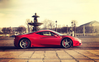 Red sports car fountain park - a fountain in the background free wallpaper