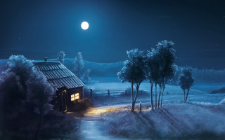 Cabin woods night fullmoon trees - a full moon in the sky above free wallpaper