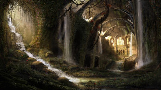 Waterfall cave man bridge fantasy - the doorway free wallpaper