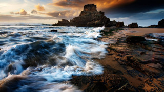 Rocky beach waves sunset planet - a rocky beach free wallpaper