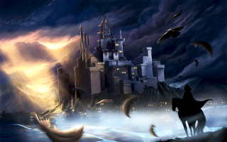 Castle towers birds night mountains - tower free wallpaper
