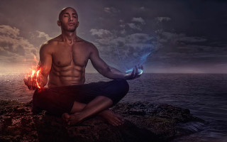 Glowing man rock water afrofuturism - fabien charuau free wallpaper