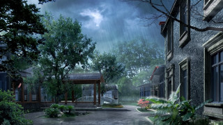 Rainy town gazebo architecture bushes - covered free wallpaper