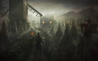 Man forest windmill night lantern - concept art free wallpaper