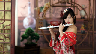 Woman red dress flute smile - fei danxu free wallpaper