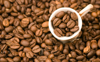 White cup coffee beans spoon - a spoon in the middle free wallpaper