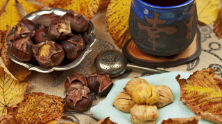 Nuts coffee leaves spoon autumn - a table free wallpaper
