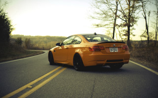 Yellow car forest road nature - a road next free wallpaper