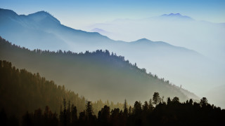Mountain range forest lake fog - volumetric fog free wallpaper