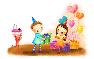 Birthday boy girl cake presents - storybook illustration free wallpaper