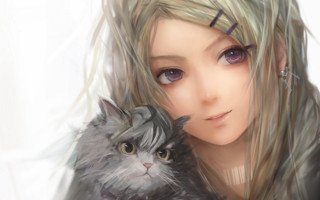 Woman cat lap anime portrait - a detailed painting free wallpaper for desktop