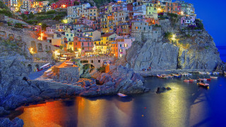 Cliff town night boats cityscape - evgeny lushpin free wallpaper