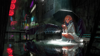 Woman bench rain umbrella city - cyberpunk art free wallpaper