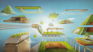 City green buildings trees sky - a painting of a city free wallpaper