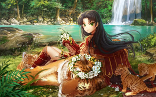 Woman cat waterfall fantasy art - ann thetis blacker free wallpaper