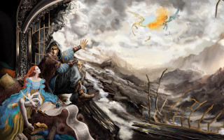 Fantasy man woman dragon illustration - a painting of a man and woman free wallpaper