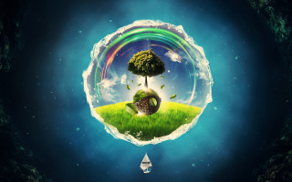Tree rainbow boat clouds astronaut - digital art free wallpaper