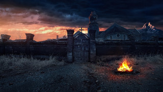 Fire pit field sunset gothic - a building in the background free wallpaper