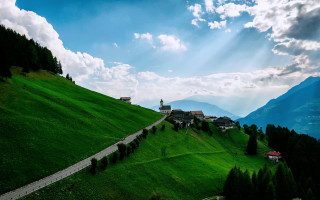 Green hillside road church sky - the top of it free wallpaper