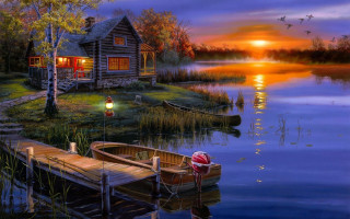 Lake cabin sunset fullmoon oil - evgeny lushpin free wallpaper