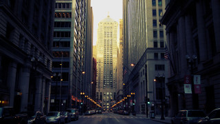 Cityscape tallbuildings trafficlights dusk neonlights - city free wallpaper