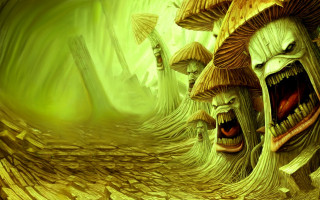 Creepy mushrooms forest green background - psychedelic art free wallpaper