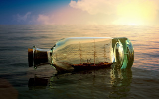 Ship in bottle floating sunset - surreal photography free wallpaper