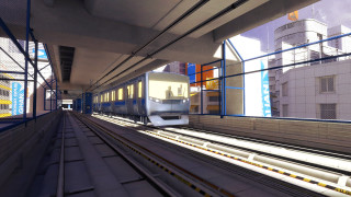 Futuristic train cityscape wooden building - each side of it free wallpaper