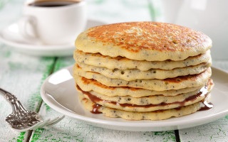 Pancakes syrup coffee spoon food - a plate next free wallpaper
