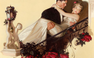 Couple staircase roses statue romanticism - a staircase free wallpaper