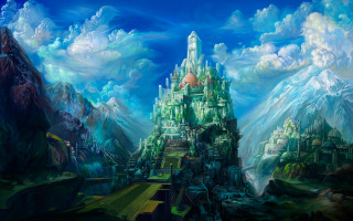Castle mountain range fantasy scene - christophe vacher free wallpaper