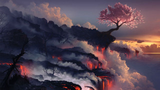 Mountain lava tree sunset cliff - matte fantasy painting free wallpaper