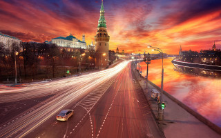 City street clock tower sunset - traffic free wallpaper